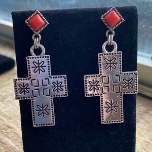 RED and silver etched cross western style post dangle‎ earrings